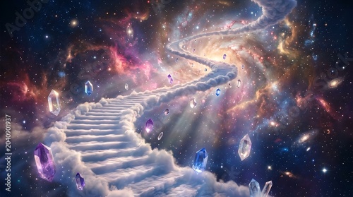 A vibrant and colorful pathway winds through a rocky canyon in space