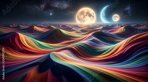 A vibrant and surreal landscape with colorful waves under a celestial night sky