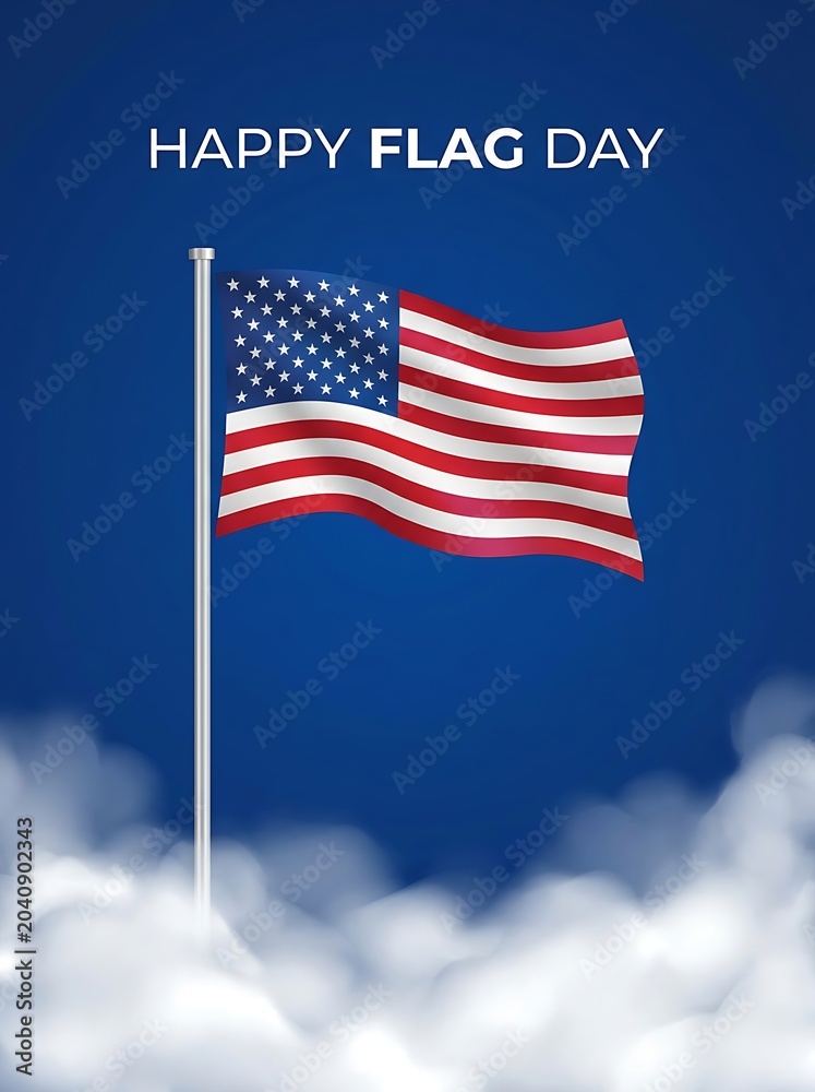 Fototapeta premium Happy flag day celebration with american flag waving in the blue sky with clouds