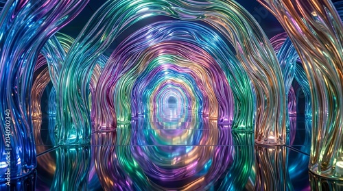 A vibrant and colorful abstract light installation in a modern space