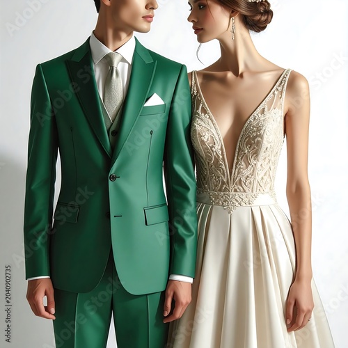 Couple in formal attire posing together.