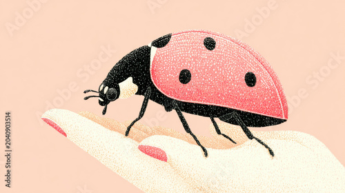 Good luck, A flat illustration of a ladybug on a hand symbolizing good luck and positivity.