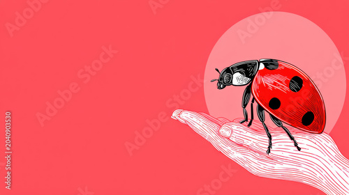 Good luck, Spotting a ladybug on your hand symbolizing good luck in flat illustration style