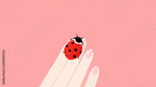 Good luck, A flat illustration of a ladybug on a hand symbolizing good luck and positivity.