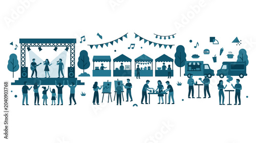 Outdoor music festival with food trucks and art stalls illustration.