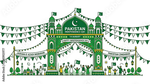 Pakistan Independence Day Celebration Archway with Happy People.