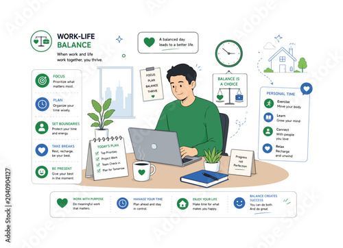 Work-life balance in modern companies. An employee organizes tasks on a laptop while personal time symbols, a clock, and a small home icon create a gentle balance between productivity and rest. The
