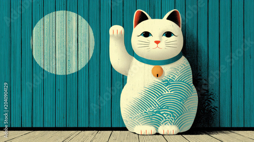 Good luck, Waving lucky cat (maneki-neko) illustration at a shop entrance in flat style