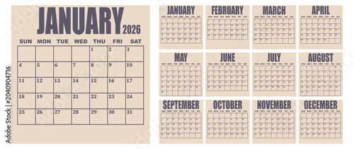 Vector illustration. Calendar for 2026. Week starts on Sunday. Calendar ready for printing. Has 12 months. Stationery design concept.