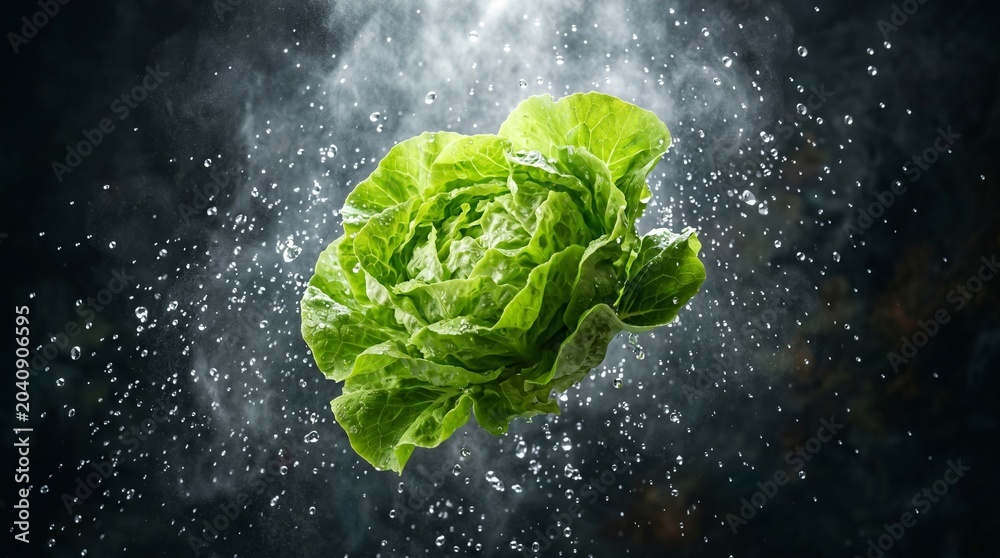 Obraz premium Fresh Butter Lettuce Head with Water Droplets Splashing Against a Dark Background, High-Speed Photography