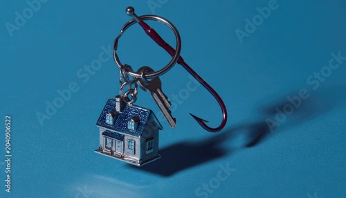 A house keychain and keys dangle from a fishing hook on a blue background