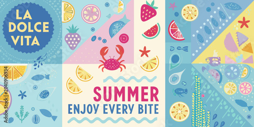 summer fruit and sea life collage vector