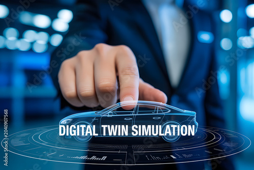 Businessperson in suit interacting with holographic car model and circular data interface, symbolizing digital twin simulation, automotive innovation, and smart manufacturing technology