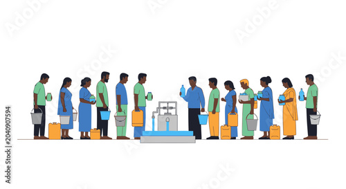 Schilderij op canvas People Queue For Water From Well, Community Water Scarcity, Rural Life