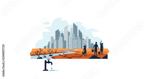 Photos Urban Drought: Cityscape and Thirsty People in Arid Landscape