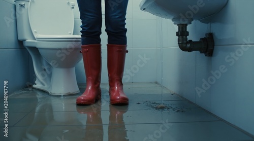 Woman in red boots stands in flooded bathroom next to toilet. Water leaks from sink pipe onto tiled floor. Emergency plumbing issue needs fixing.