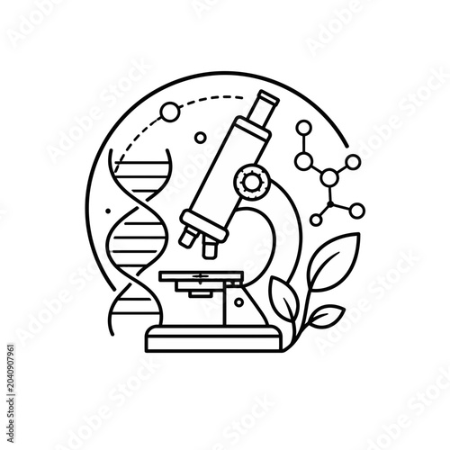 Elegant line art illustration capturing the essence of scientific discovery and biological research, with a microscope, DNA, and molecular elements