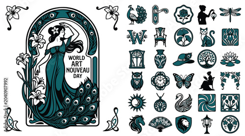 Foto Art Nouveau design elements set, vintage aesthetic icons for World Art Nouveau D
