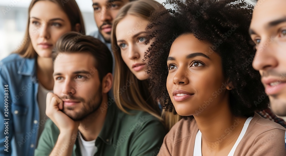 Fototapeta premium Diverse group of young professionals listening attentively in a modern office meeting.