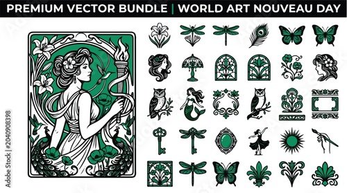 Foto Art Nouveau vector bundle, vintage floral illustrations and elegant female portr