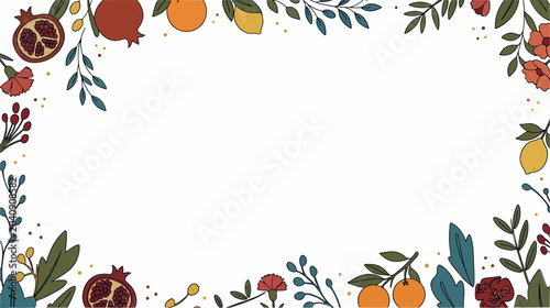 Hand-Drawn Botanical Frame with Pomegranates Oranges and Lemons, Horizontal Floral Border with Central Copy Space for Autumn Harvest and Organic Food Branding