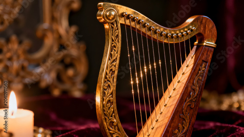 lyre. Ornate small lyre harp with carved details, strings glinting in warm light. lifestyle magazines, social media lookbooks, designed for influencer and brand collaborations.