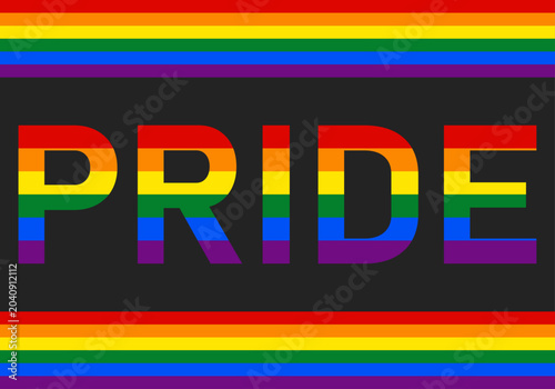 Palabra pride escrita con los colores de la bandera del arcoíris entre franjas de colores sobre fondo oscuro
