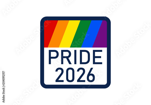 Icono cuadrado con los colores de la bandera del orgullo lgbtq y el texto pride 2026