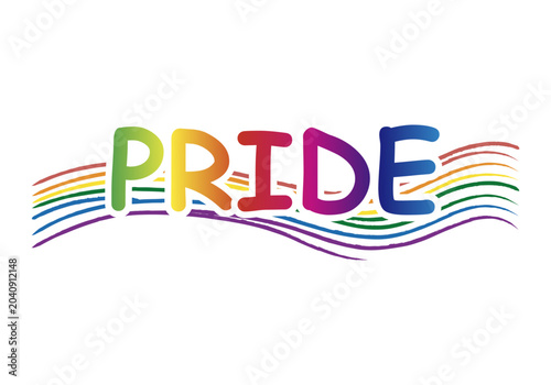 Palabra pride en inglés de colores sobre líneas onduladas horizontales con los colores de la bandera del orgullo lgbtq