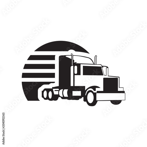 A minimalist, elegant, and sturdy-looking silhouette of a cargo truck. This symbol is suitable for use in logo designs or other design additions to create a modern look.