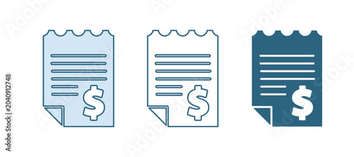 Blue Paper or financial check icon isolated on white background. Paper print check, shop receipt or bill. Vector