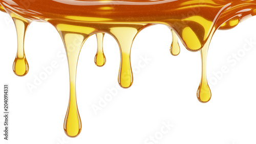 Sweet golden honey flowing in thick drips against a white backdrop