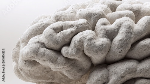 psychology. A large stone sculpture resembling a human brain, isolated on a clean white surface in a detailed close-up. STEM education sheets.