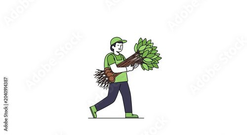 Bild auf Leinwand Gardener carrying saplings for planting, reforestation concept, green illustrati