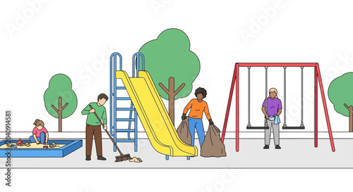 Canvas-taulu Community cleaning park playground, volunteers tidying up outdoor recreational a