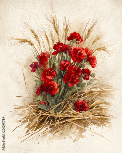 Vintage Botanical Bouquet of Red Carnations and Wheat on Rustic Paper. AI generative.