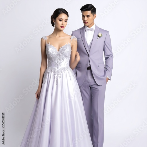 Couple in formal attire posing together indoors.