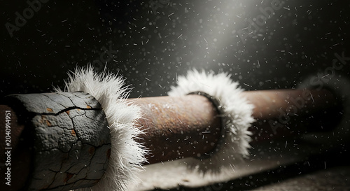 Dangerous Asbestos Insulation Fibers on a Corroded Pipe Releasing Hazardous Airborne Dust Particles Concept for Abatement Professional Remediation and Health Risks