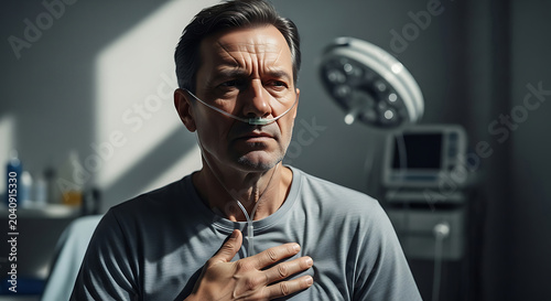 Mature man with nasal cannula suffering from asbestos related diseases and mesothelioma symptoms in a hospital showing chest pain and shortness of breath from exposure