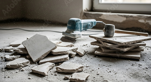 Professional asbestos tile removal and remediation process showing broken floor pieces with hazardous dust particles in the air and construction tools for abatement