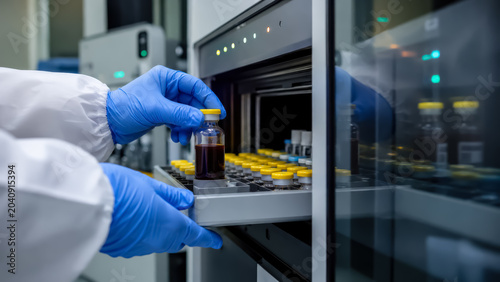 Hands with gloves introduces vials of biological samples into automated equipment in the lab. Laboratory technician loading sample vials into automated analysis system
