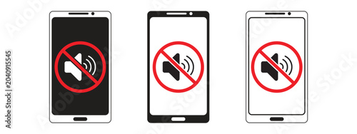 Fotografie No Sound Mobile Phone Icon Set, Silent Phone and Mute Speaker Symbols, Vector UI