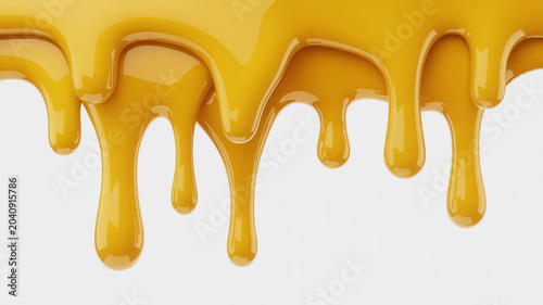 Thick golden liquid honey dripping in strands on a white background