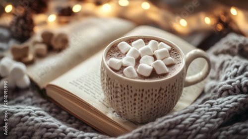 Cozy Hot Chocolate with Marshmallows on a Knitted Blanket Next to an Open Book and Fairy Lights