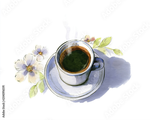 Artistic Coffee Cup with Floral Watercolor Illustration. AI generative.