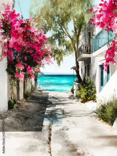 Mediterranean Coastal Watercolor – AI Generative