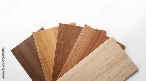 Variety of Wood Veneer Samples Displayed in a Fan Shape on White Background.