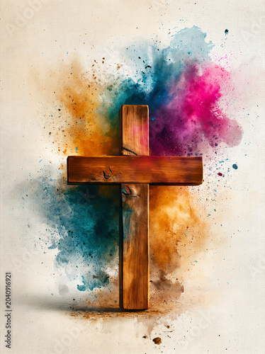 Wooden Cross with Color Explosion Abstract Spiritual Concept. AI generative.