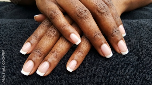 Classic French manicure on square nails with dark skin