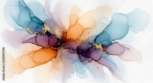 Beautiful Abstract Alcohol Ink Art Background Featuring Vibrant Blue Purple and Orange Swirls with Elegant Shimmering Gold Glitter Accents on Textured Paper
